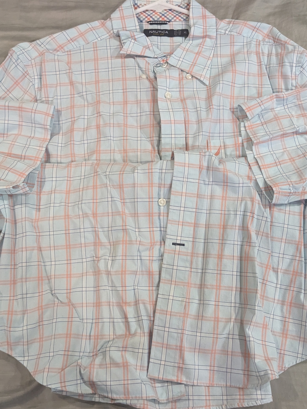 Nautica Men’s Light Blue & Coral Plaid Button-Down Shirt